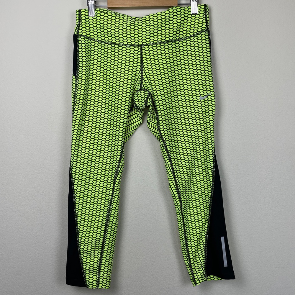 Nike Dri-Fit Sz M Printed Racer Running Crop Pants Womens Yellow Black Pocket